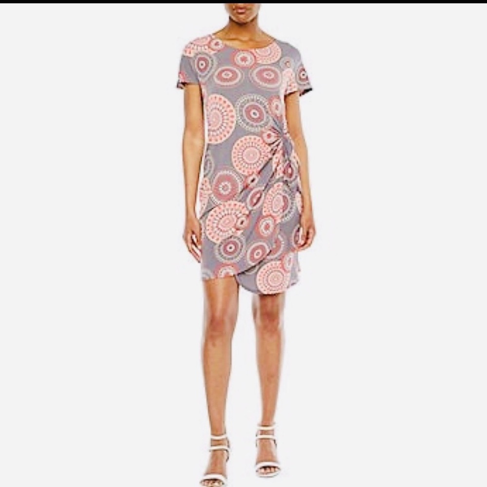 Robbie Bee Gray/Coral Dress with Geometric Medallion print and Side Knot